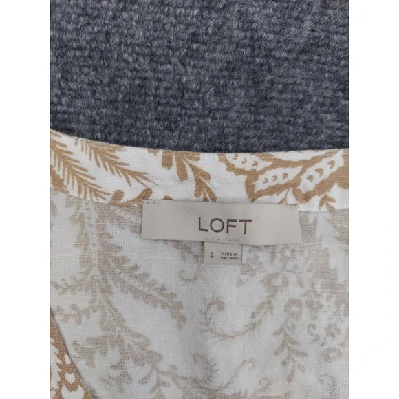Loft‎ Linen Dress Womens 4 Brown White Button Front Paisley Print Beach V Neck - Picture 3 of 11